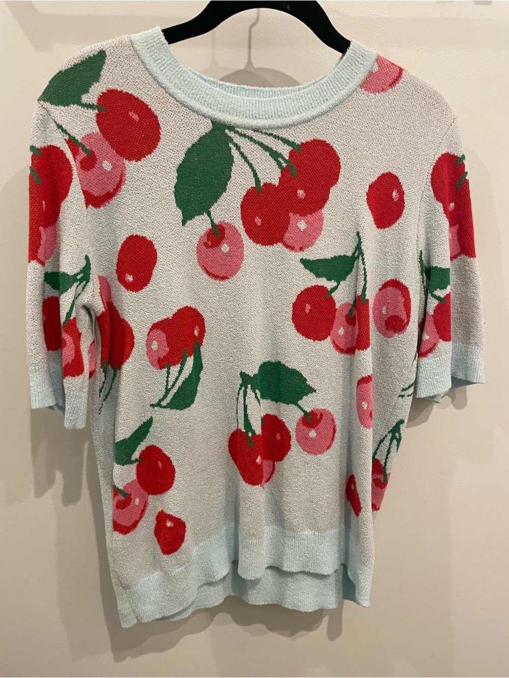 Ann Taylor Light Blue Sweater with Red Cherry Accent